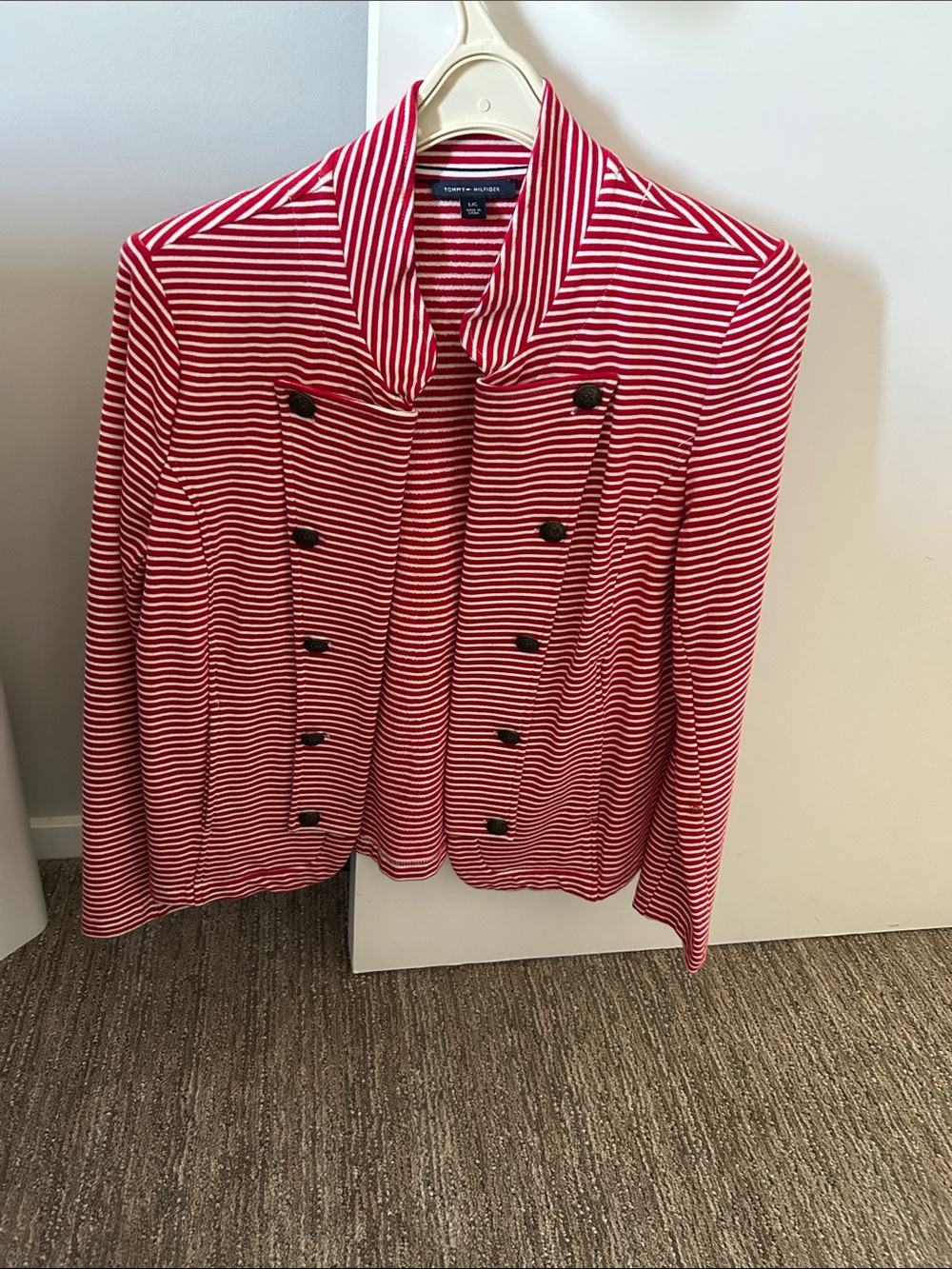 Tommy Hilfiger Red and White Striped Double-Breasted Blazer